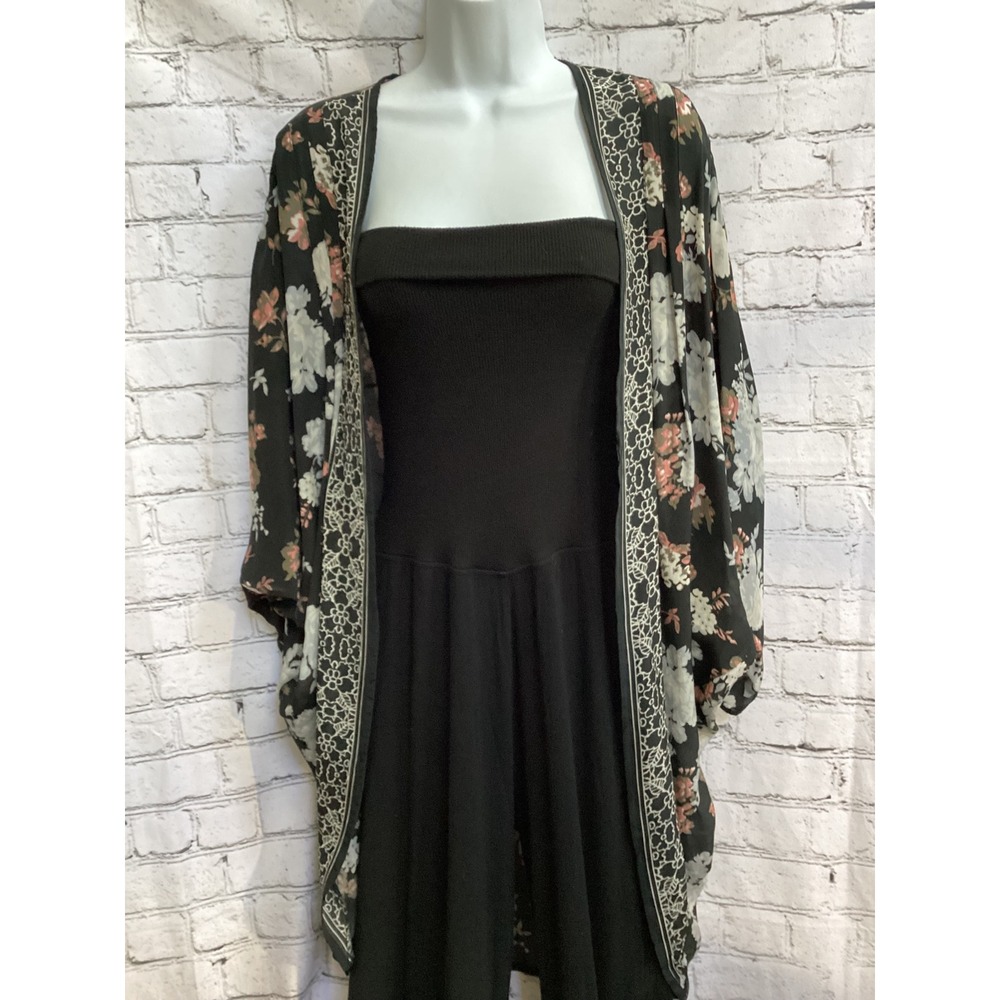 Feathers by Tolani Floral Kimono Wrap Black Pink Rose Batwing Cardigan OS